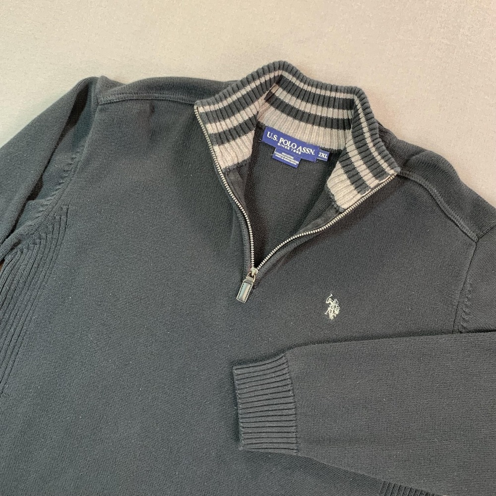 U.S. Polo Assn. Sweater Mens 2XL Black Cotton 1/4 Zip Mock Pullover Knit Pony